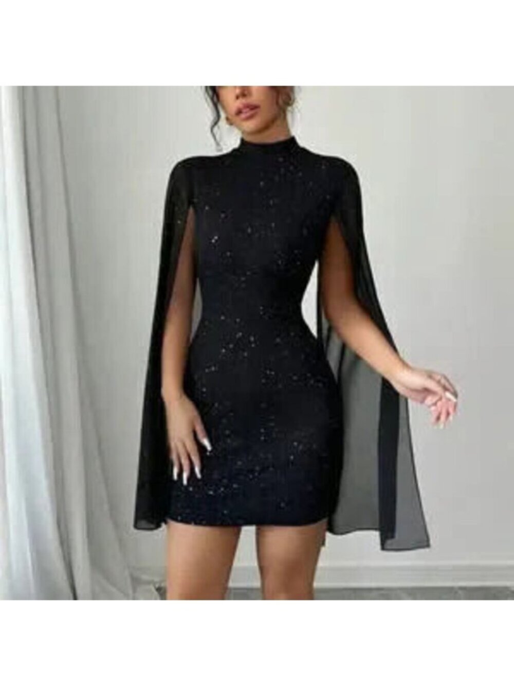 Black Party Women's Glitter Print Stand Collar Lantern Sleeve Bodycon Dress